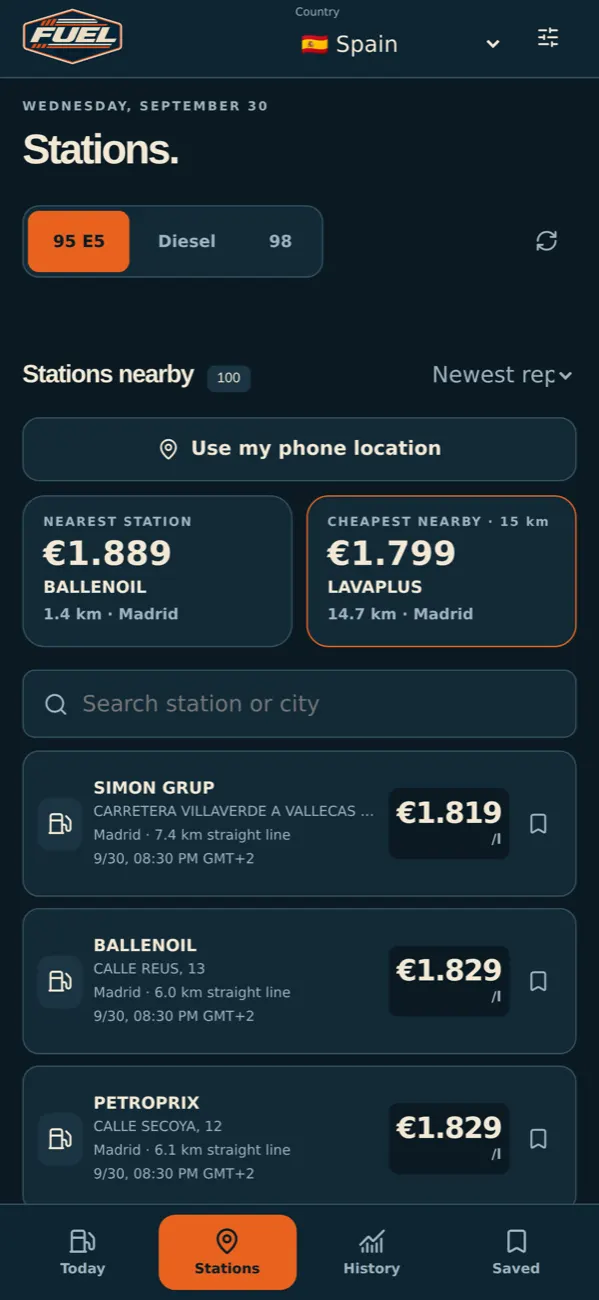 Cheapest petrol stations near Madrid in FuelCast