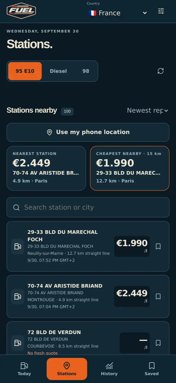 Nearest and cheapest fuel stations around Paris in FuelCast
