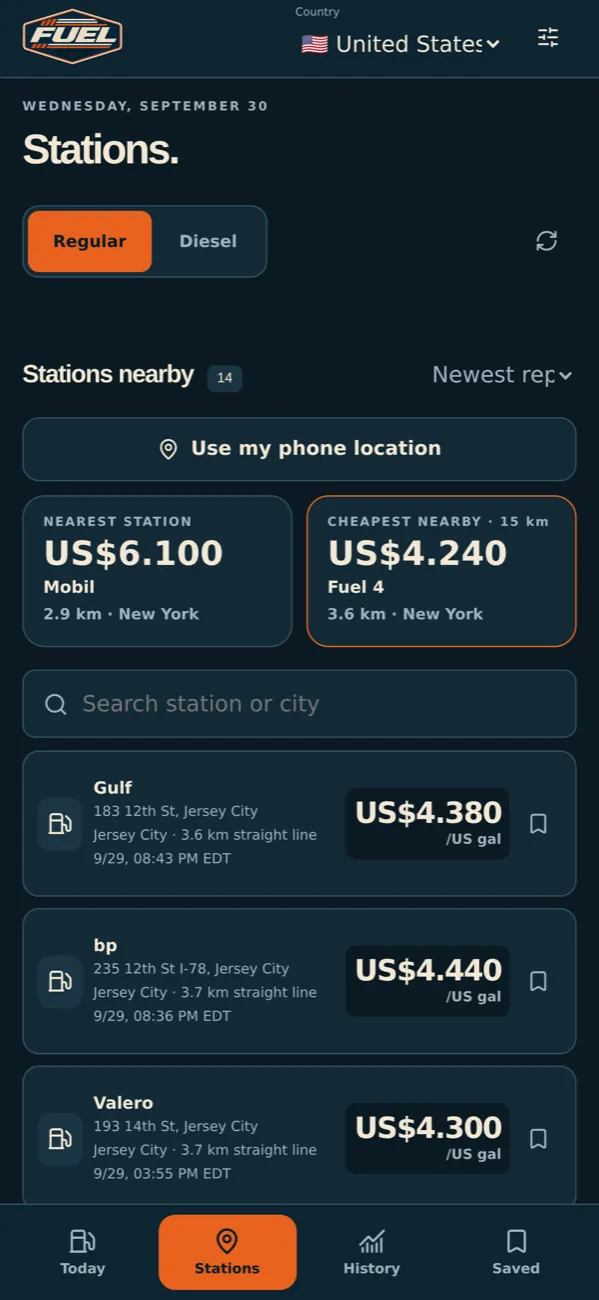 Gas stations nearby in the United States, sorted by price in FuelCast